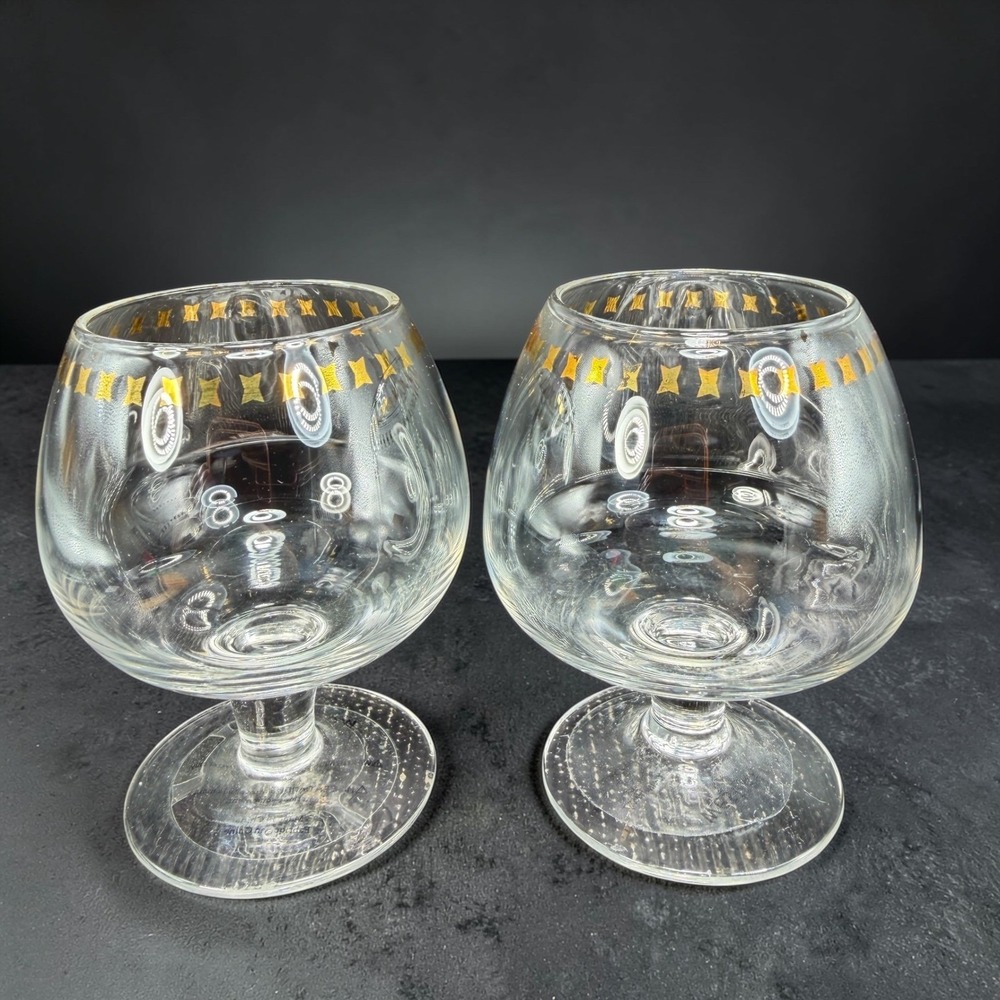 West Elm Brandy Snifter Glasses Set of 2 Gold Bow Ribbon Pattern Clear Barware‎